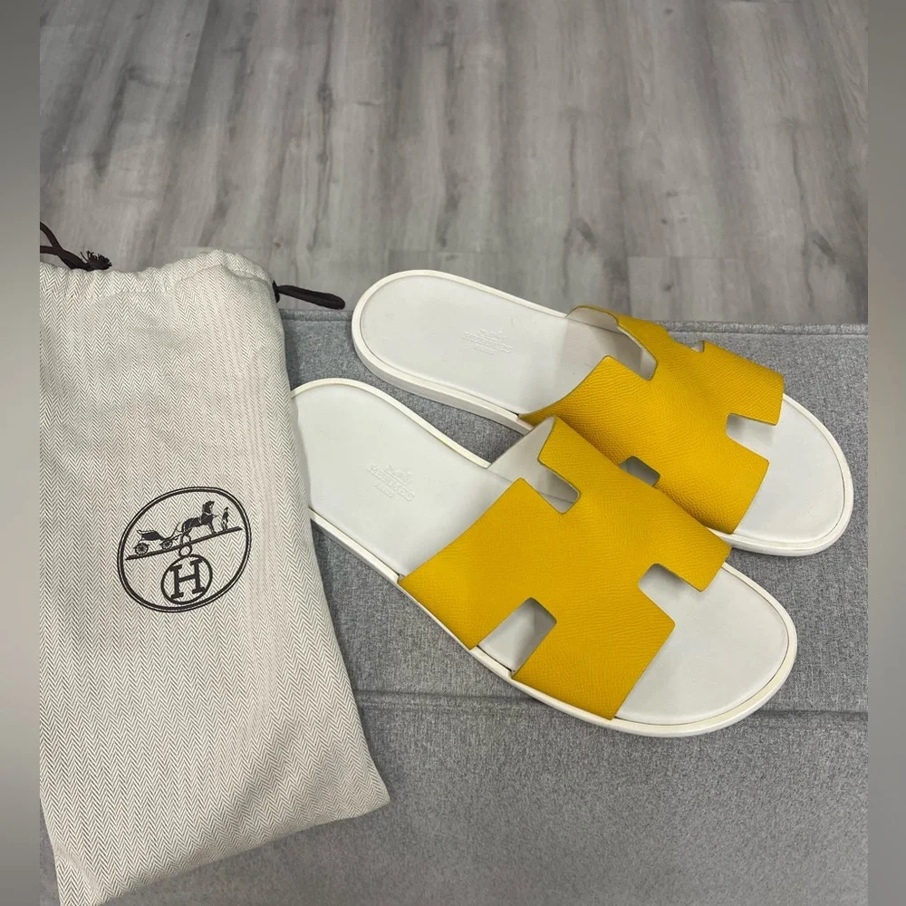 Hermes Yellow Oran Leather Slide Sandals